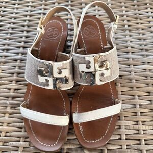 Tory Burch Lowell 2 Logo City Heeled Sandal Natural/Ivory Size 7.5